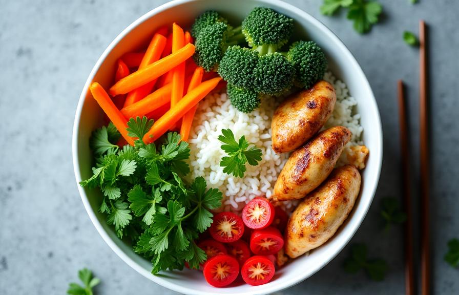 Mangkuk nasi fusion Asia dengan sayuran segar