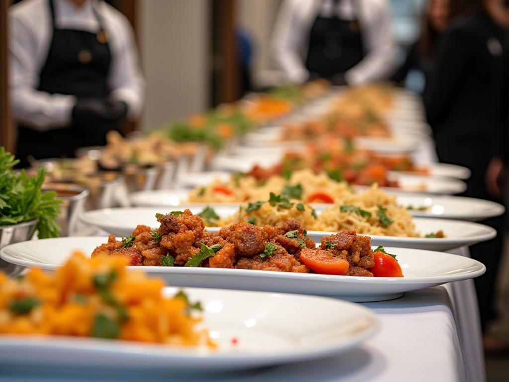 Persediaan buffet katering korporat dengan hidangan pelbagai