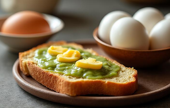 Set kaya toast tradisional dengan telur setengah masak