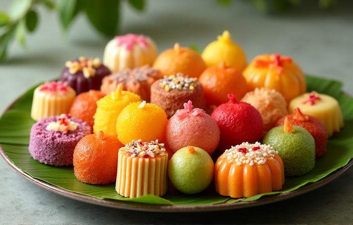 Pelbagai kuih Melayu tradisional berwarna-warni